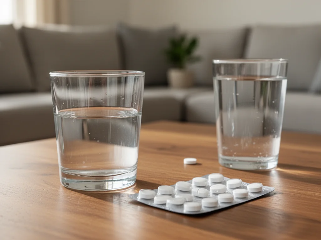 Kieliszek alkoholu obok tabletek i wody na stole, symbolizujący dylemat picia alkoholu podczas kuracji azytromycyną.