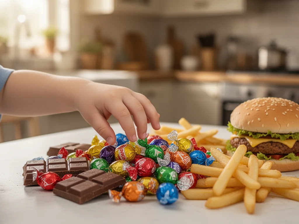 Dziecięca dłoń sięga po stos kolorowych słodyczy i fast foodów na stole, sugerując możliwe uzależnienie od niezdrowej żywności.