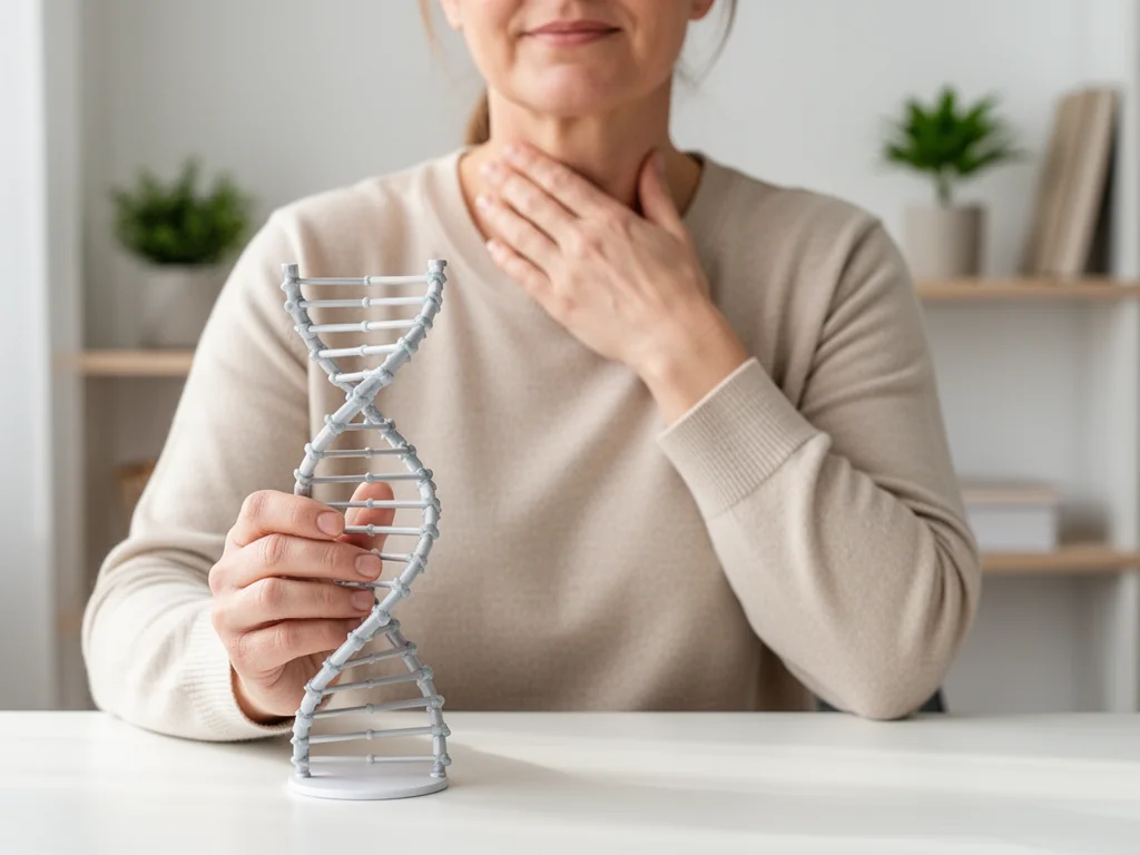 Osoba trzyma model DNA i dotyka szyi, symbolizując związek genetyki z chorobą Hashimoto i problemami z tarczycą.