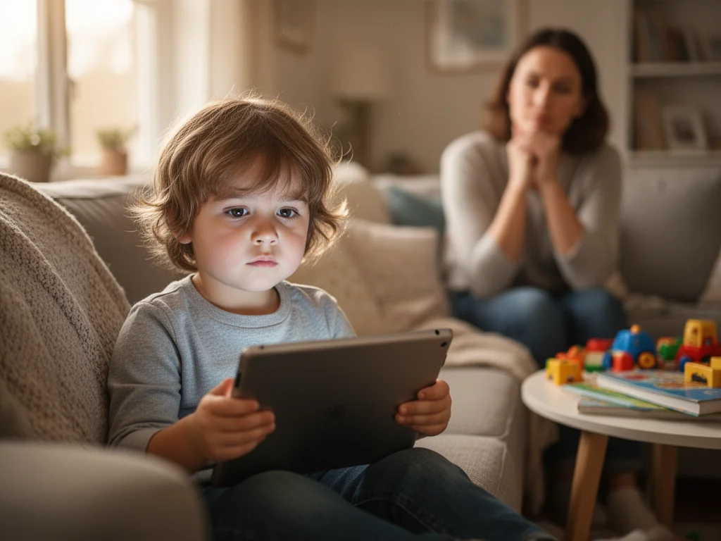 Małe dziecko wpatrzone w tablet na kanapie, w tle zamyślony rodzic i nieużywane zabawki oraz książki na stoliku.