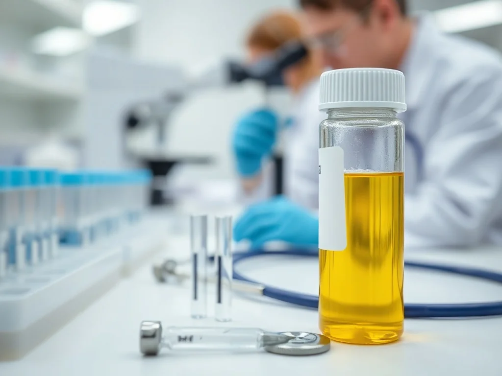Próbka moczu w pojemniku i probówki w sterylnym laboratorium, w tle technik badający materiał pod mikroskopem.
