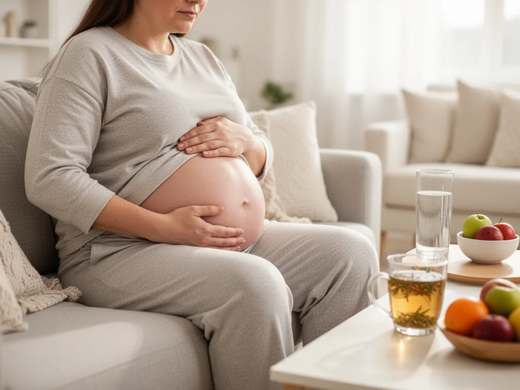 Osoba w domowym ubraniu siedzi na sofie, trzyma wzdęty brzuch, w tle woda, herbata ziołowa i owoce na stoliku.