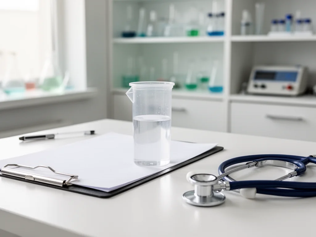Przezroczysty pojemnik z moczem na białym blacie obok stetoskopu, sugerujący diagnostykę zakażeń dróg moczowych.