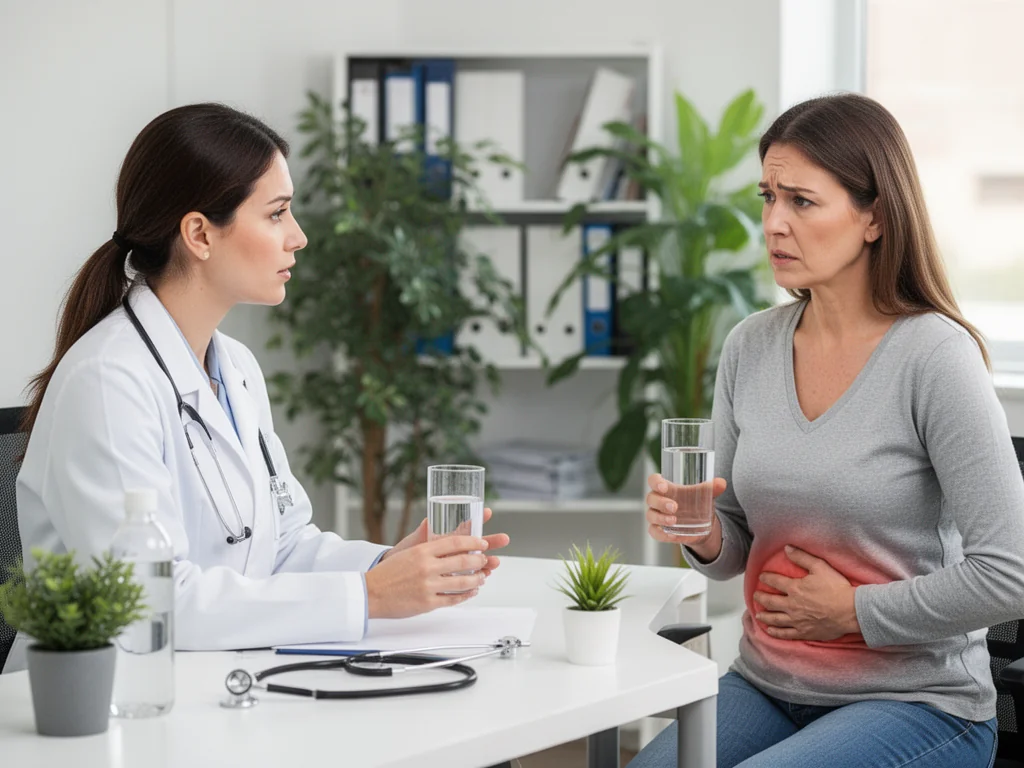 Lekarka spokojnie rozmawia z kobietą trzymającą się za podbrzusze, ilustrując diagnostykę i leczenie infekcji dróg moczowych.