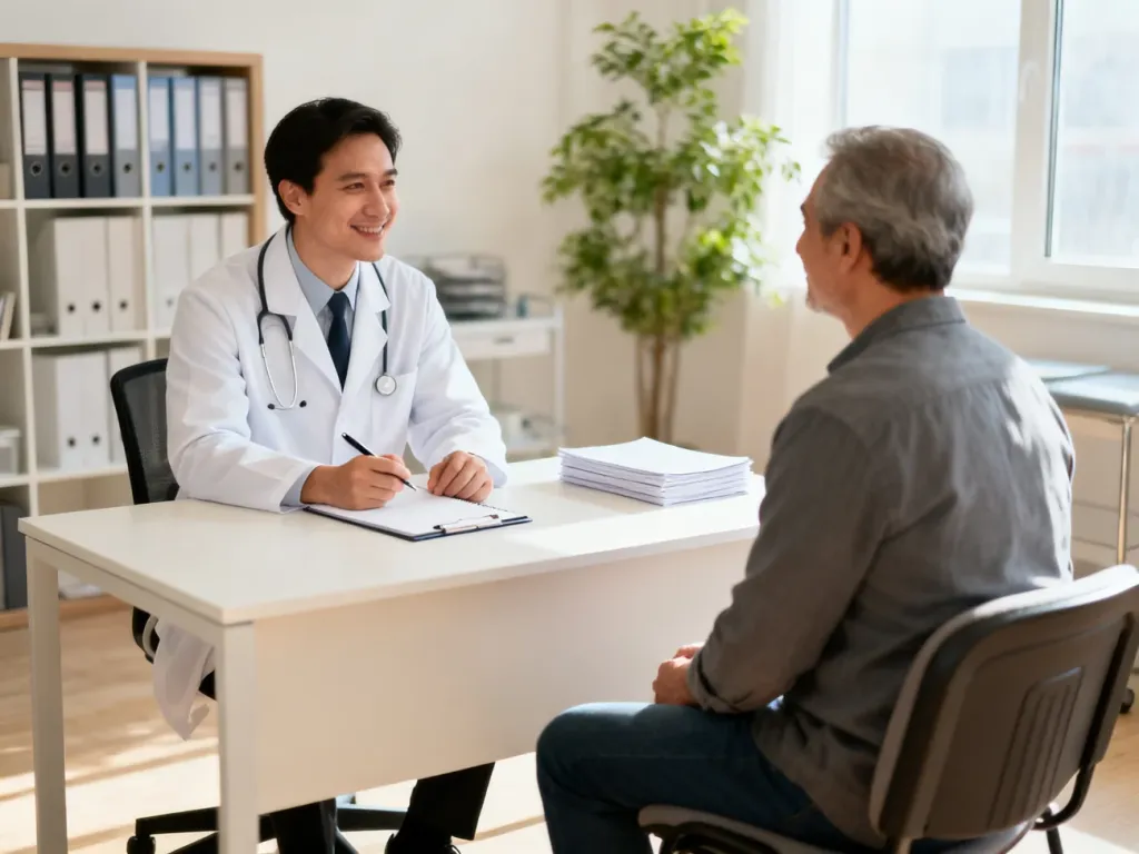 Pacjent rozmawia z endokrynologiem w nowoczesnym gabinecie, spokojna atmosfera sprzyjająca szczegółowej diagnozie.