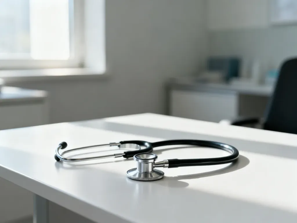 Stetoskop na biurku w profesjonalnym gabinecie lekarskim, podkreślający medyczny charakter specjalizacji gastrologicznej.
