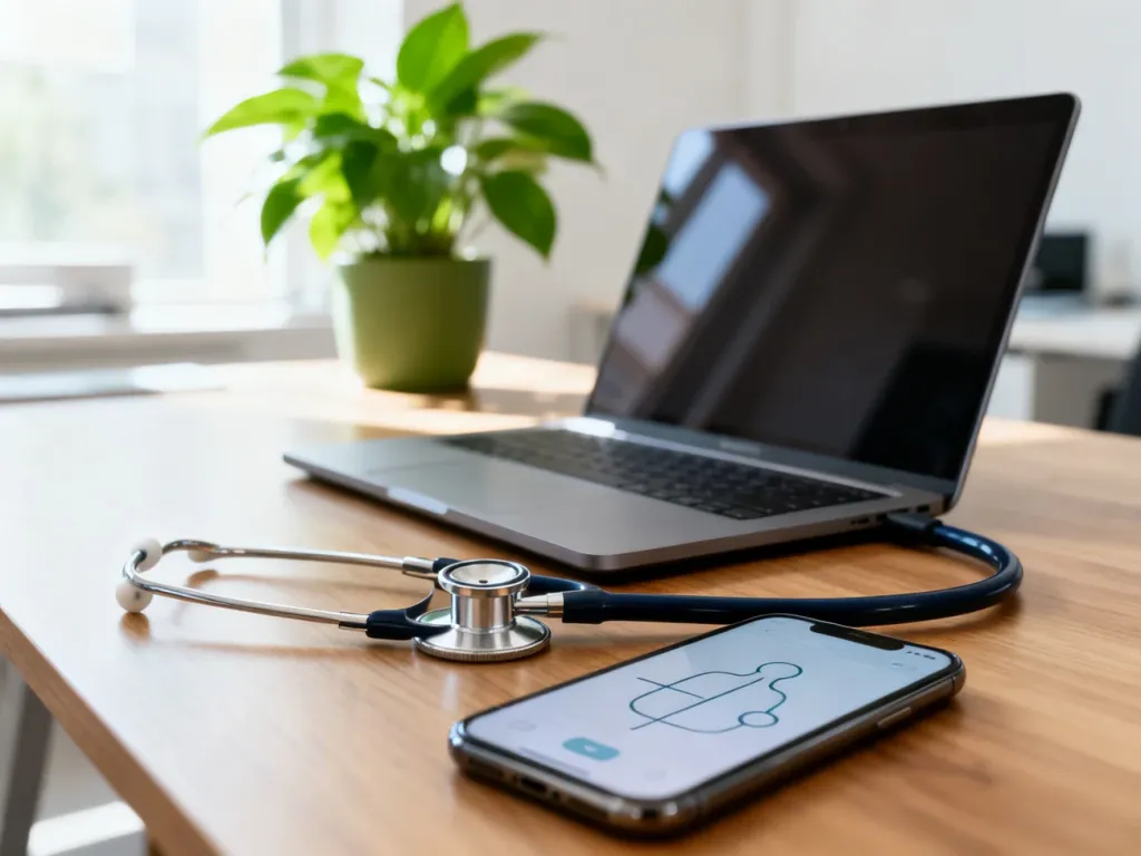 Laptop, stetoskop i smartfon z aplikacją medyczną na biurku, symbolizujące zdalny dostęp do opieki zdrowotnej.