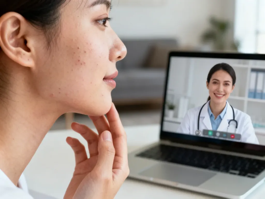 Osoba z łagodnym trądzikiem konsultuje się z dermatologiem online przez wideorozmowę na laptopie.