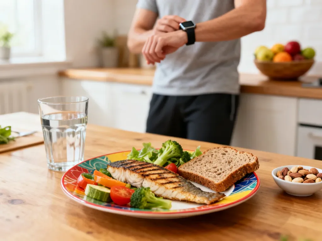 Zdrowy posiłek z rybą, warzywami i orzechami na stole, w tle osoba kontrolująca aktywność na zegarku fitness