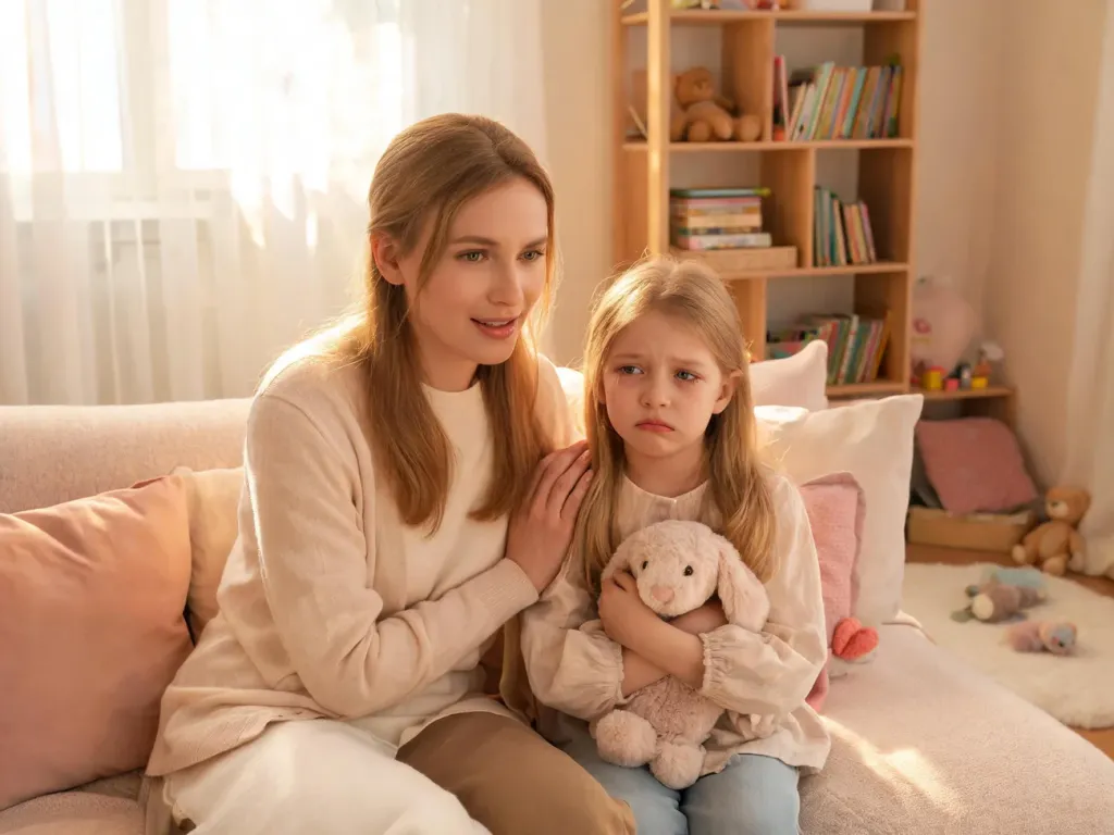 Mama spokojnie rozmawia z zapłakaną 5‑latką na kanapie, okazując empatię i wsparcie w przytulnym salonie.