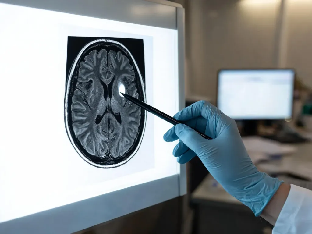 Lekarz wskazuje długopisem jasną zmianę ogniskową na ciemnym obrazie MRI mózgu w sekwencji FLAIR