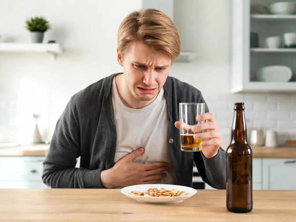 Młody mężczyzna z dyskomfortem trzyma szklankę piwa i dotyka brzucha, ilustrując wzdęcia po alkoholu przy stole w kuchni.