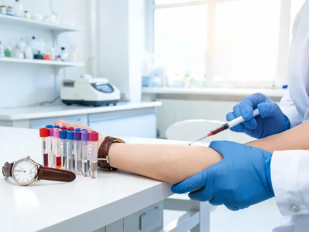 Pobieranie krwi w jasnym laboratorium, pielęgniarka w rękawiczkach pobiera próbkę do badań hormonów tarczycy.