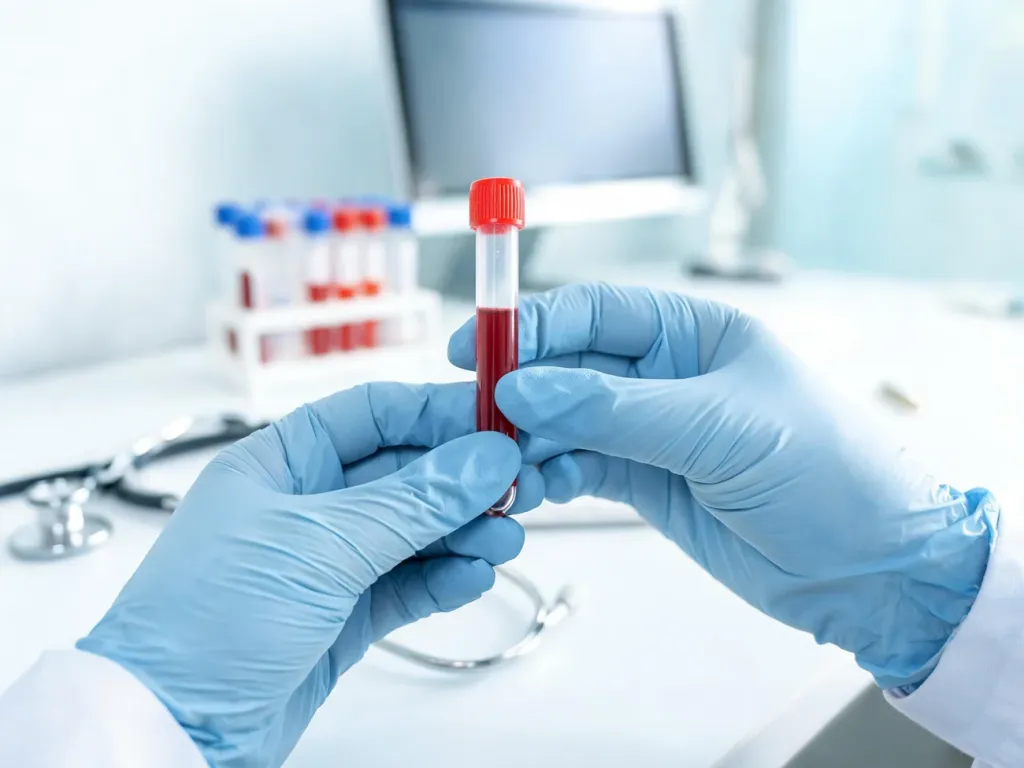 Lekarz trzyma próbkę krwi w nowoczesnym laboratorium, na tle sprzętu medycznego i stanowiska do analiz.