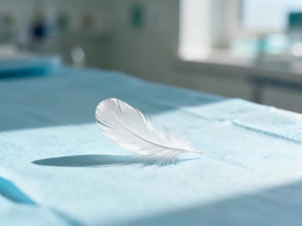 Białe pióro leżące na sterylnym, medycznym podłożu, symbolizujące zagrożenie ptasią grypą w kontekście klinicznym.