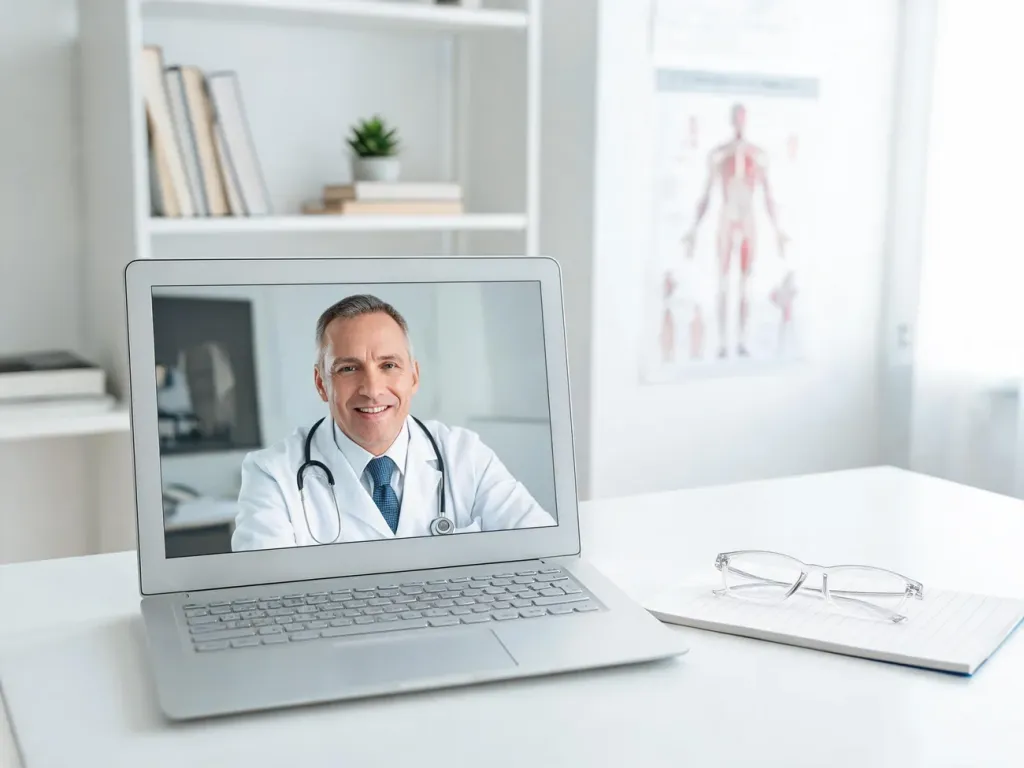 Laptop z wideorozmową z urologiem w białym fartuchu na biurku, symbolizujący zdalne leczenie online.