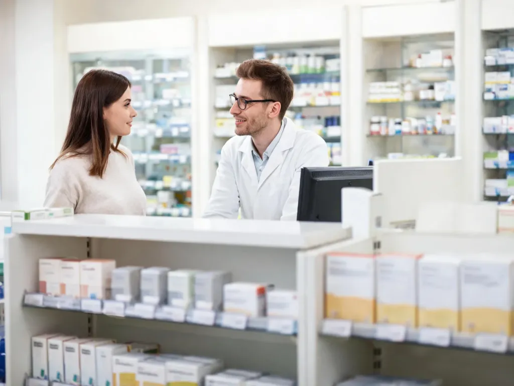 Młoda kobieta dyskretnie rozmawia z farmaceutą w aptece o zakupie tabletki dzień po.
