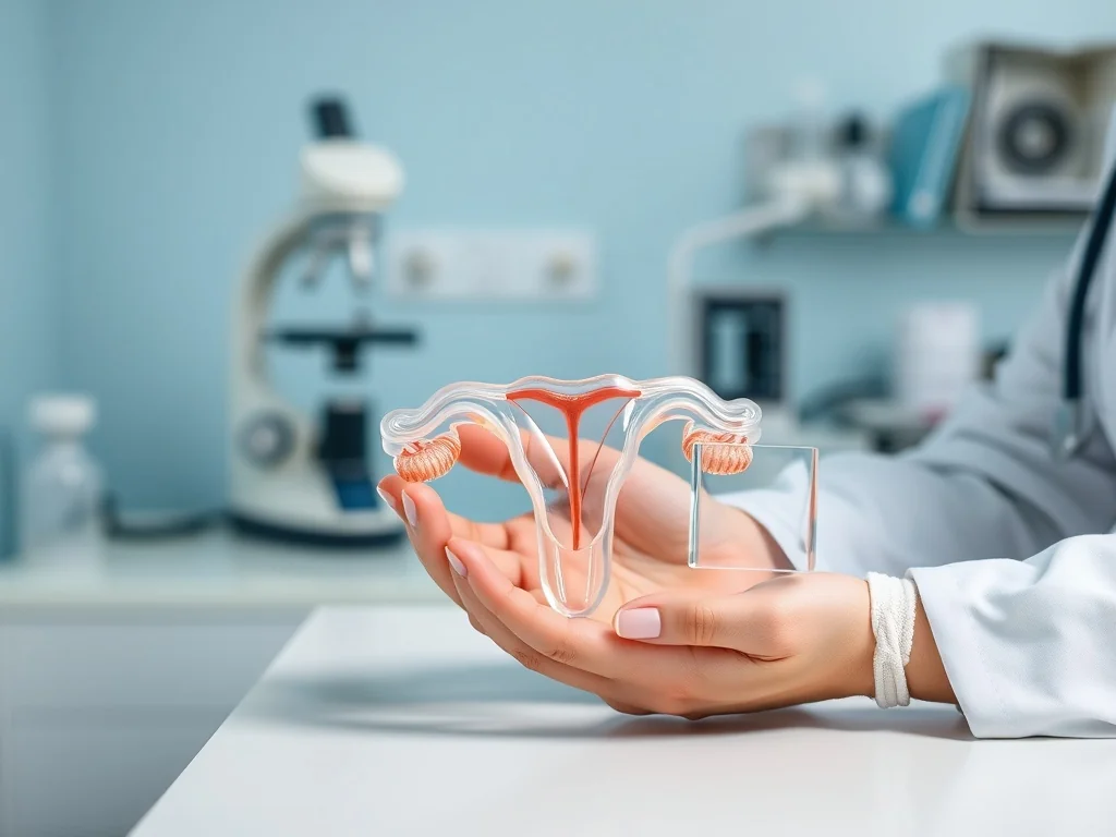 Ginekolog trzyma model macicy i szkiełko cytologiczne, ilustrując badanie i omówienie wyniku metaplazji