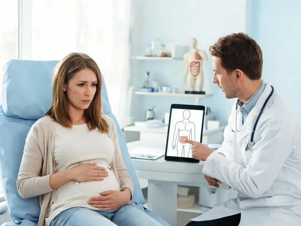 Lekarka wyjaśnia pacjentce z bólem brzucha wyniki badań, pokazując na tablecie schemat narządów jamy brzusznej.